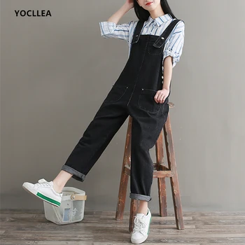 

Rompers Summer Autumn Women Jumpsuits Black Jeans Cotton Overalls Loose Casual Pockets Backless Strapless Palysuits female