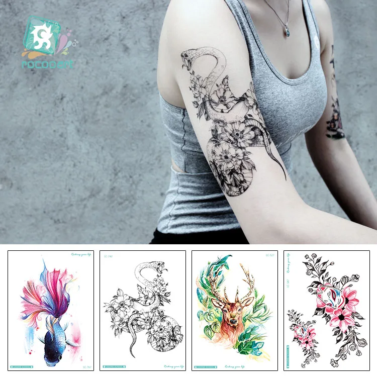 

New Arrival Large Arm Tattoo Designs With Deer Unicorn flower Snake Body Temporary Fake Tattoo Sticker For Men Women Waterproof