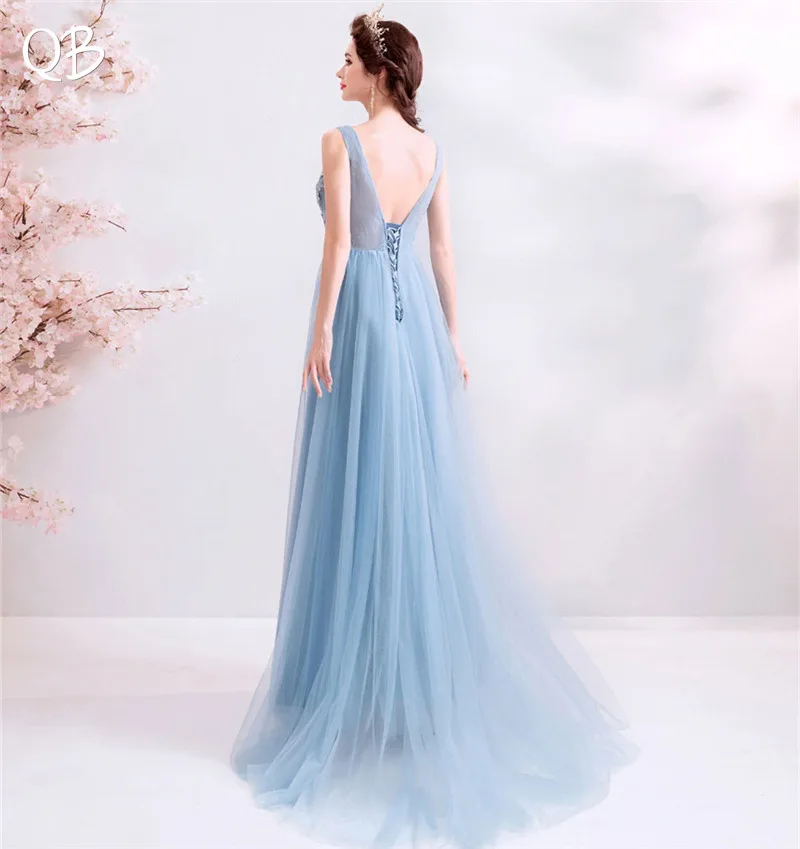 A-line V-neck Tulle Lace Flowers Beading Luxury Formal Blue Long Evening Dresses Bride Banquet Party Prom Dress XK379
