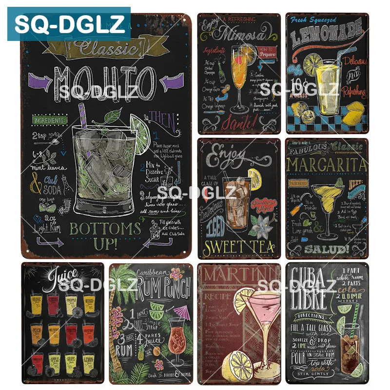 

[SQ-DGLZ] Classic Mojito Cocktail Menu Metal Sign Bar Wall Decor Club MARGARITA Metal Crafts Decor Painting Plaques Art Poster
