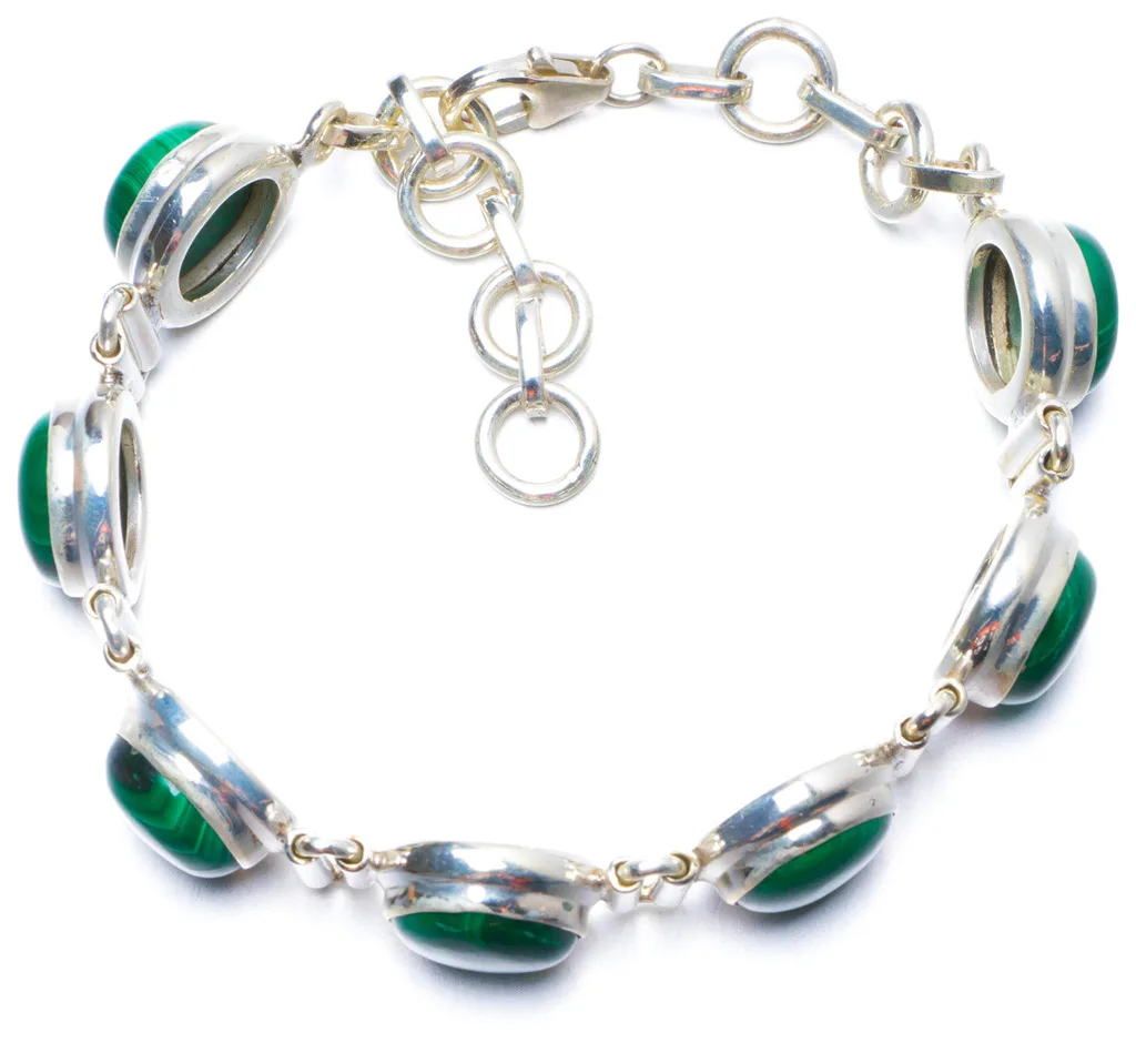 

Natural Malachite Handmade Unique 925 Sterling Silver Bracelet 6 1/2-7 3/4" Y0816