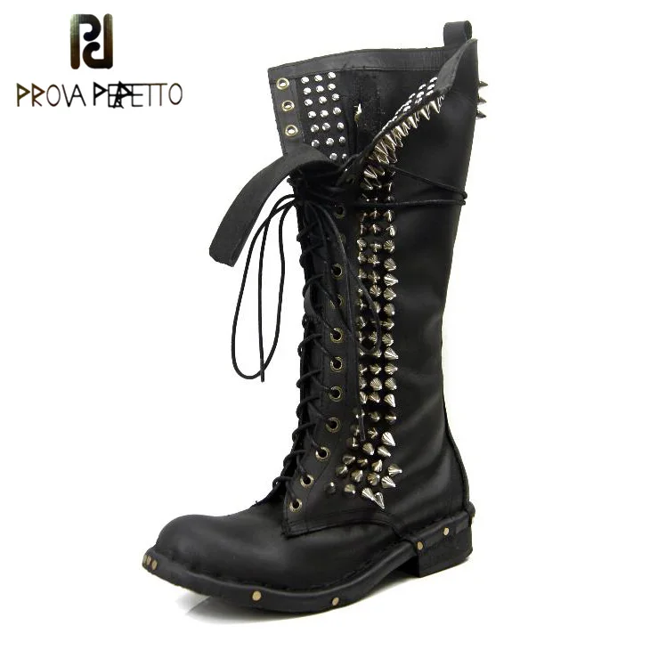 

Prova Perfetto Euramerican Fashion Street Snap Women Knee Boots Full Rivet Bottomed Retro Cow Leather Motorcycle Long Boots