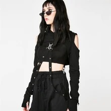 2019 Gothic Sexy Crop Top Metal Rings Bandage Off-shoulder Long Sleeves With Hat Punk Style Balck Women Crop Tops T-shirts Drop grey strip crop top with short sleeves