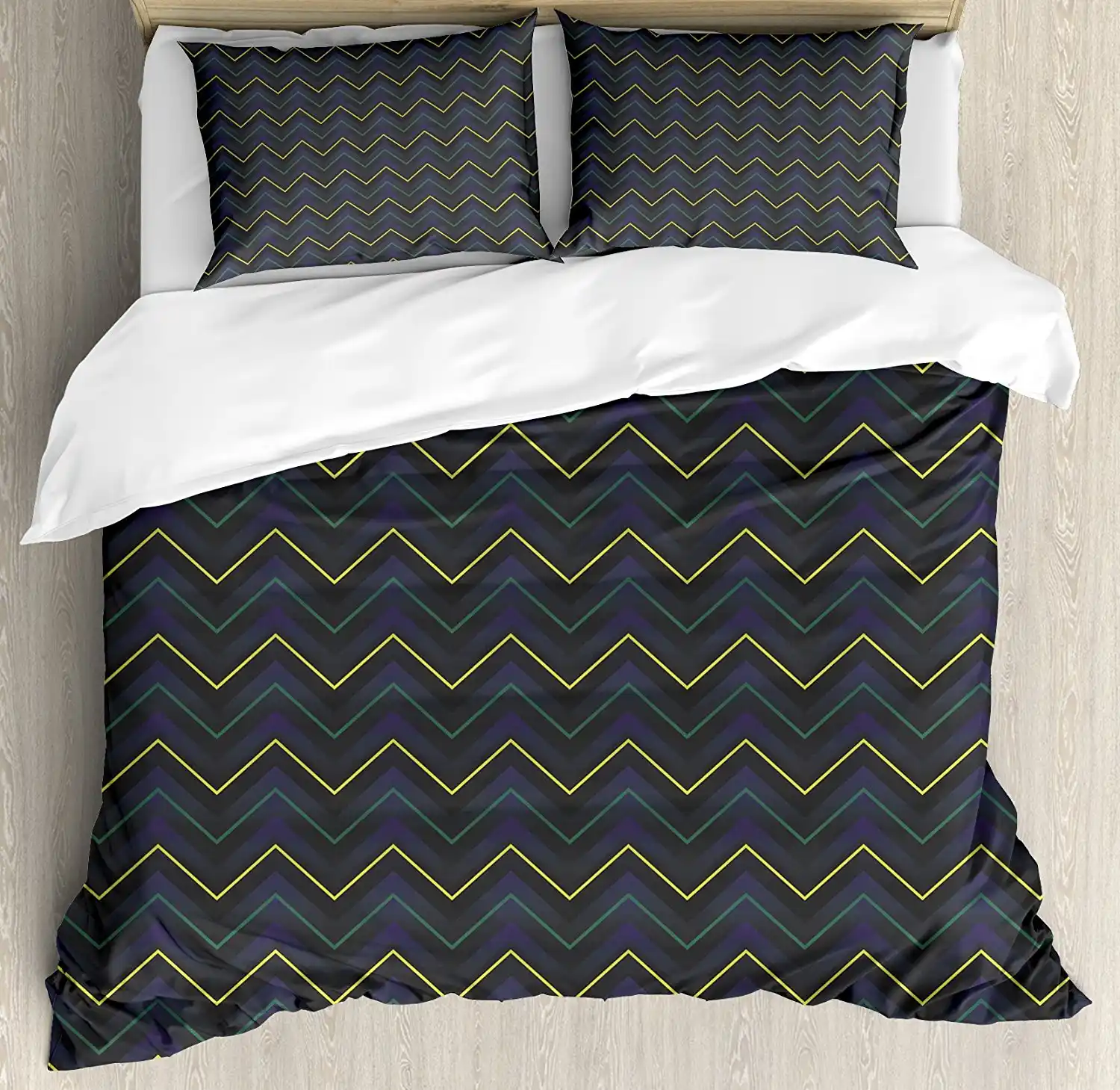 Dark Blue Duvet Cover Set Modern Geometrical Pattern With Neon