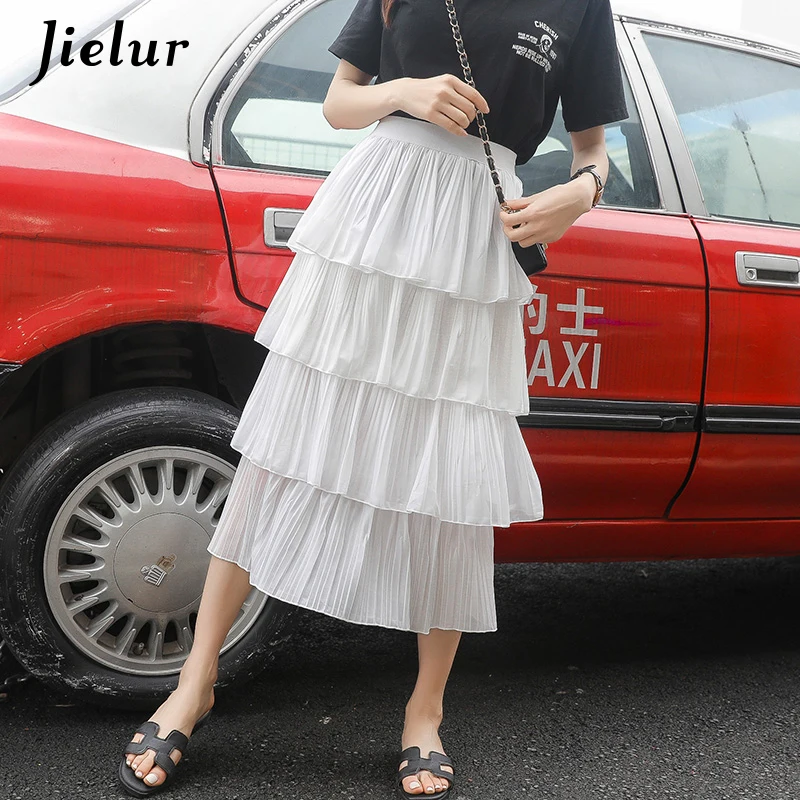 Jielur 2019 плиссированные шифоновые юбки для торта женские летние белые черные чистый цвет Высокая талия юбка А-силуэт корейский шик леди Jupe Femme
