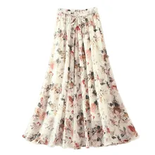 Floral skirt A-line Chiffon Skirt Women Elegant Tulle Skirt Women Midi Skirt Bohemian beach skirt Summer Hot Sale White Blue dark blue midi a line skirt in red floral print