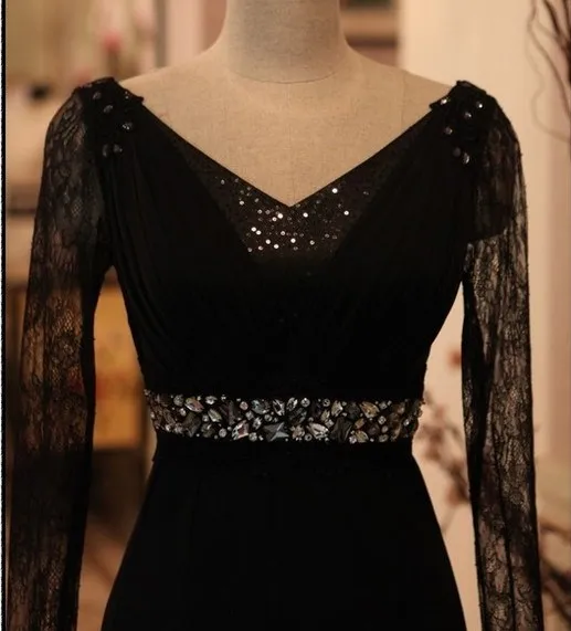 Vestidos de festa longo вечернее платье 2018 Кристалл ремень Длинные рукава черные кружевные вечерние элегантные для матери невесты платья
