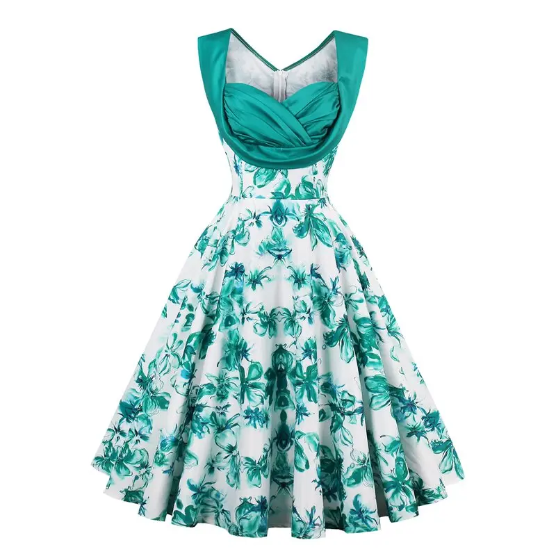 

Summer Elegant Green Office Ladies Vintage Beach Women Midi Dresses Aline Floral Print Retro Plus Size Female Fashion Sexy Dress