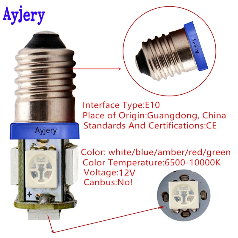 AYJERY 24V 300pcs E10 светодиодный светильник 5 SMD 5050 3 чипы с винтовым зажимом лампа для