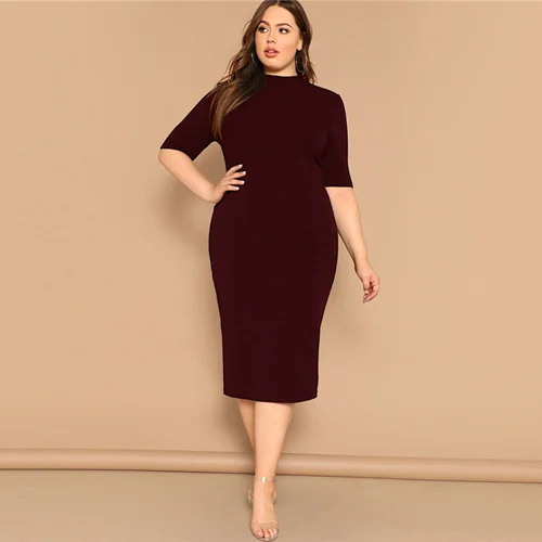SHEIN шикарное черное платье большого размера с воротником-стойкой, однотонное облегающее платье-карандаш, женское весеннее платье для офиса, бодикон, Базовые платья размера плюс, длинные платья - Цвет: Бургундия