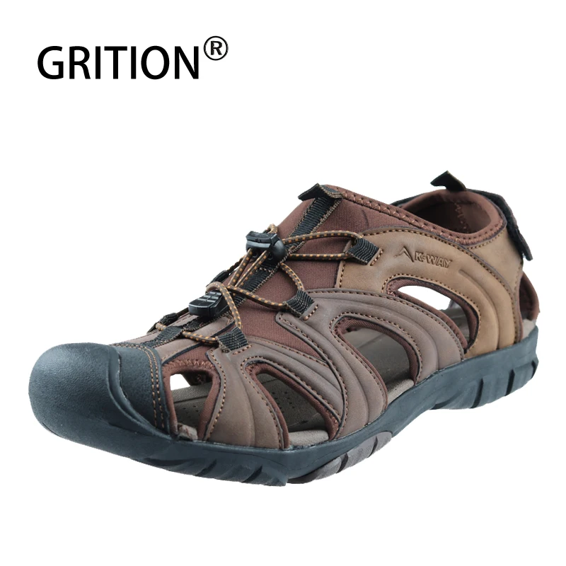 GRITION Mens Sandals Suede Water Sandal Protective Closed Toe Walking Sandals Adjustable Strap for Summer