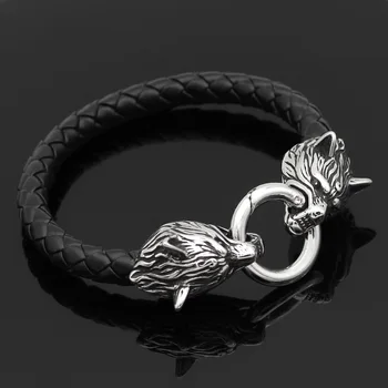 

Men 316L Stainless steel leather norse viking wolf bracelet 21 23 25 CM