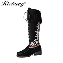 Женские сапоги до колена; замшевые сапоги из коровьей кожи; женские сапоги в этническом стиле с вышивкой; теплые зимние сапоги на среднем каблуке с круглым носком; большие размеры 43