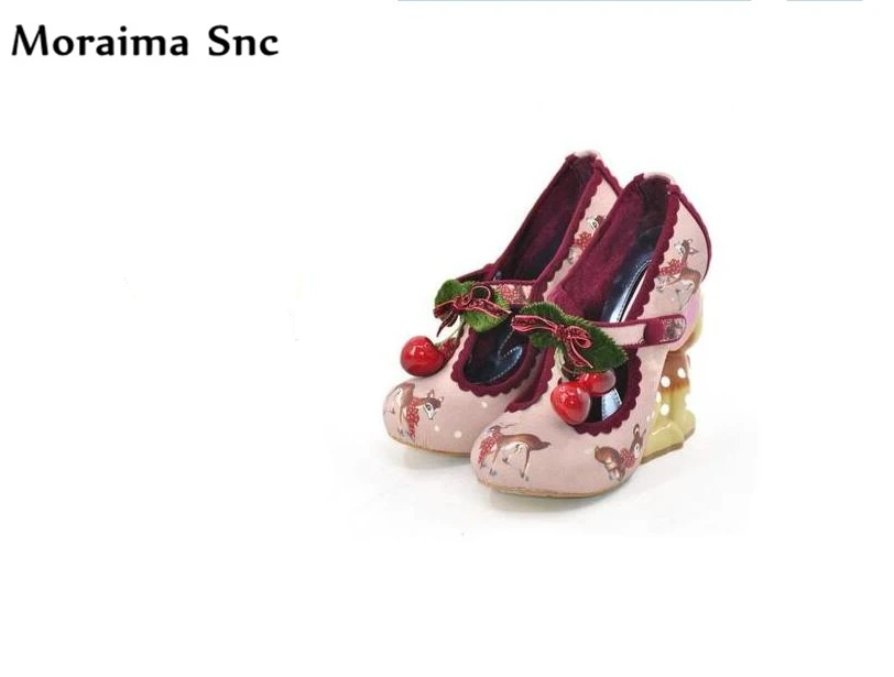 

Moraima Snc newest high heels female shoes round toe strange style fallow deer pattern butterfly-knot sweet ladies party shoes