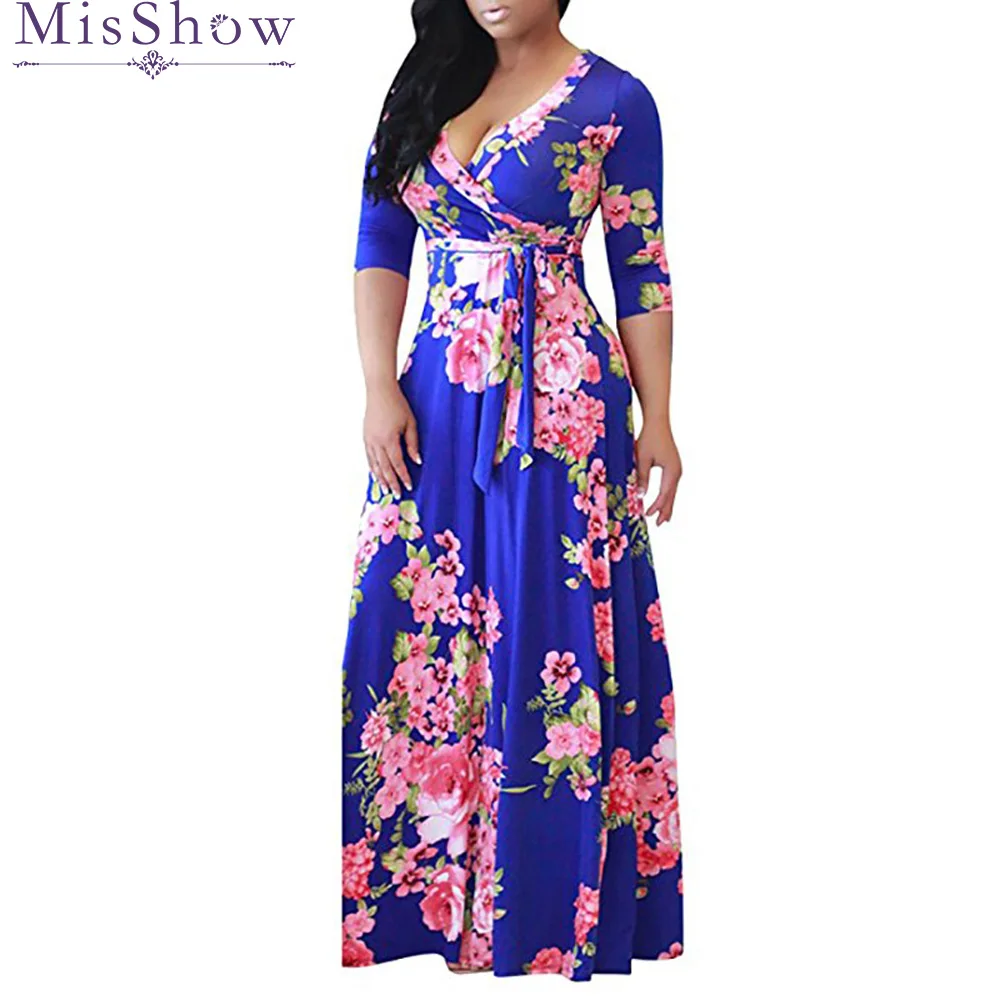 Women's short Sleeve Dresses Floral Print Maxi Long Dress with Sashes ...