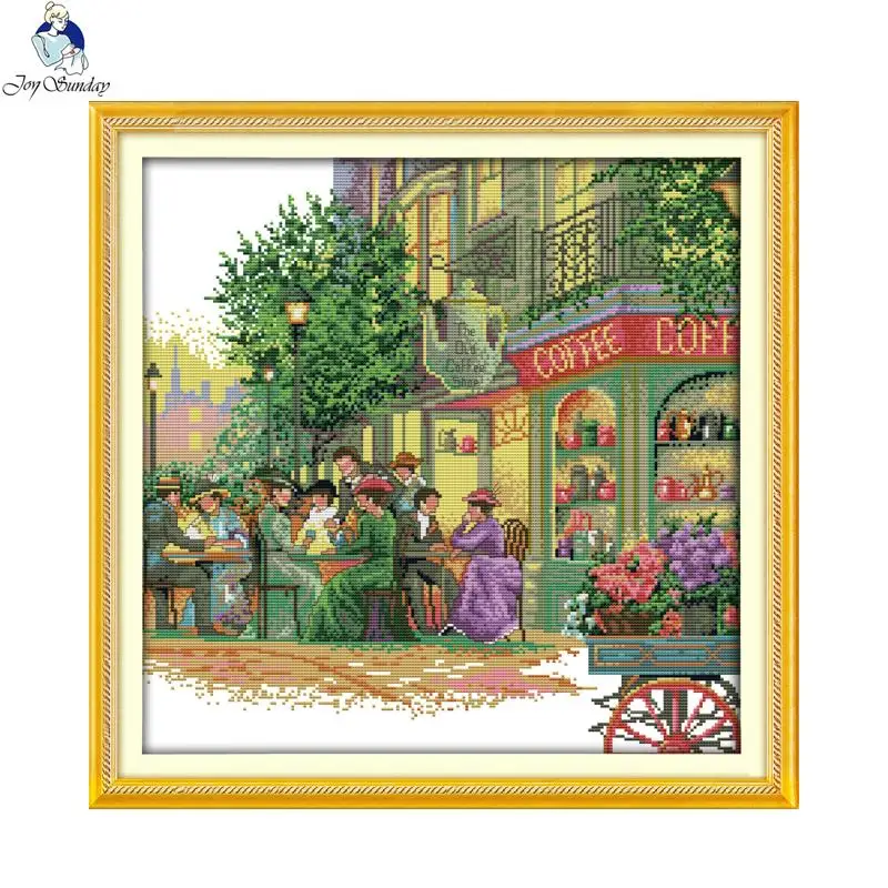 

Joy Sunday A street cafe Patterns DIY Handmade DMC 14ct and 11ct Cross stitch kit and Precise Printed Embroidery set Needlework