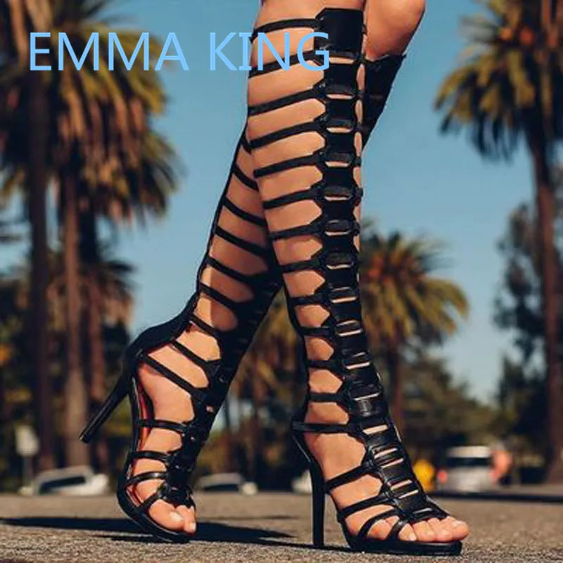 

Black Leather Women Summer Knee High Knight Boots Open Toe Cutout Sexy Thin High Heel Ladies Runway Shoes Woman Gladiator Sandal