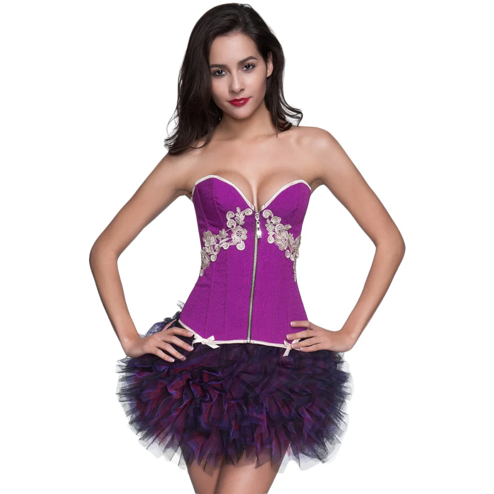 Women Sexy Purple Corset Set With Tutu Skirts With Floral Sexy