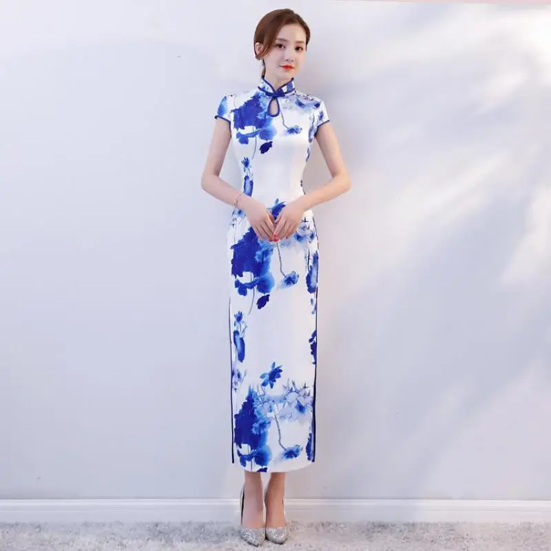 Лидер продаж дамы китайский Cheongsam воротник стойка тонкий цветок винтажный китайский Халат район печатных платье с короткими рукавами M, L, XL