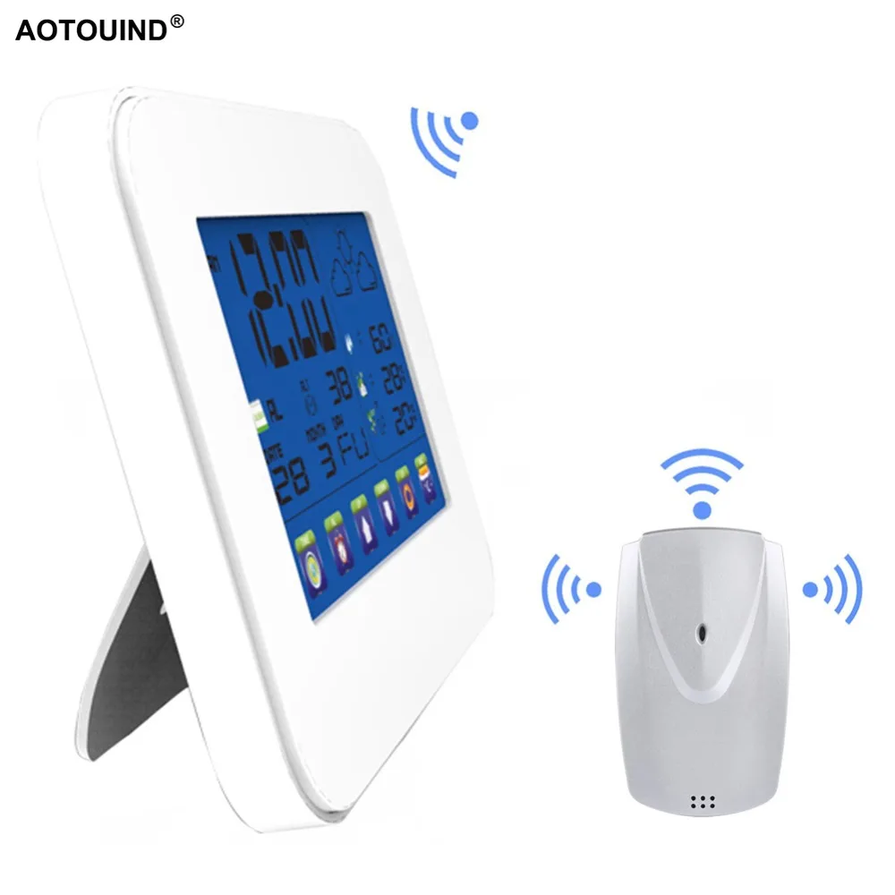 

AOTOUIND Weather Station Clock Touch Screen Indoor Outdoor Temperature Humidity Meter Digital Thermometer