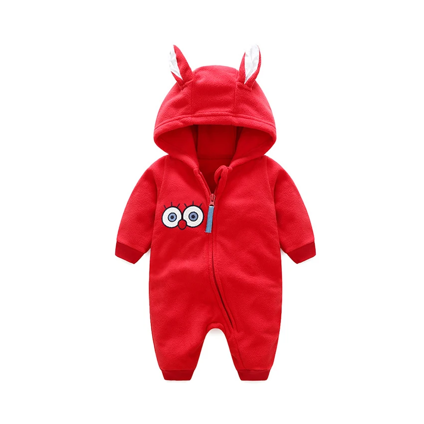 Baby Rompers Cartoon Eyes Polar Fleece Long Sleeve Baby Boy Girl Clothing Red Yellow Zipper Hooded Newborn Romper new clothes