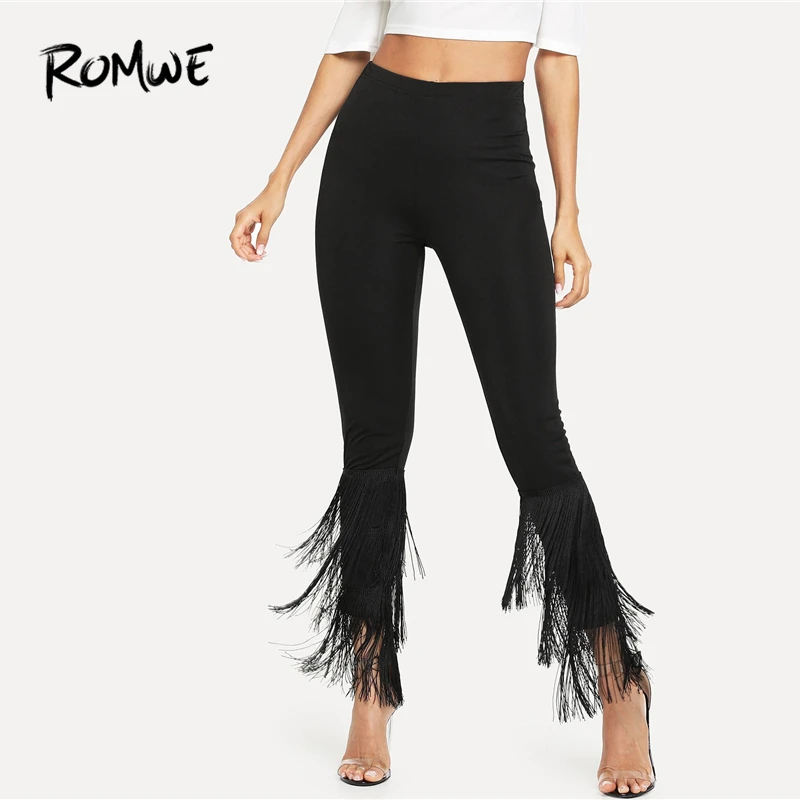 

ROMWE High Waist Tiered Fringe Hem Skinny Pants 2019 Fashion Spring Autumn Elastic Waist Crop Pants Women Black Trousers
