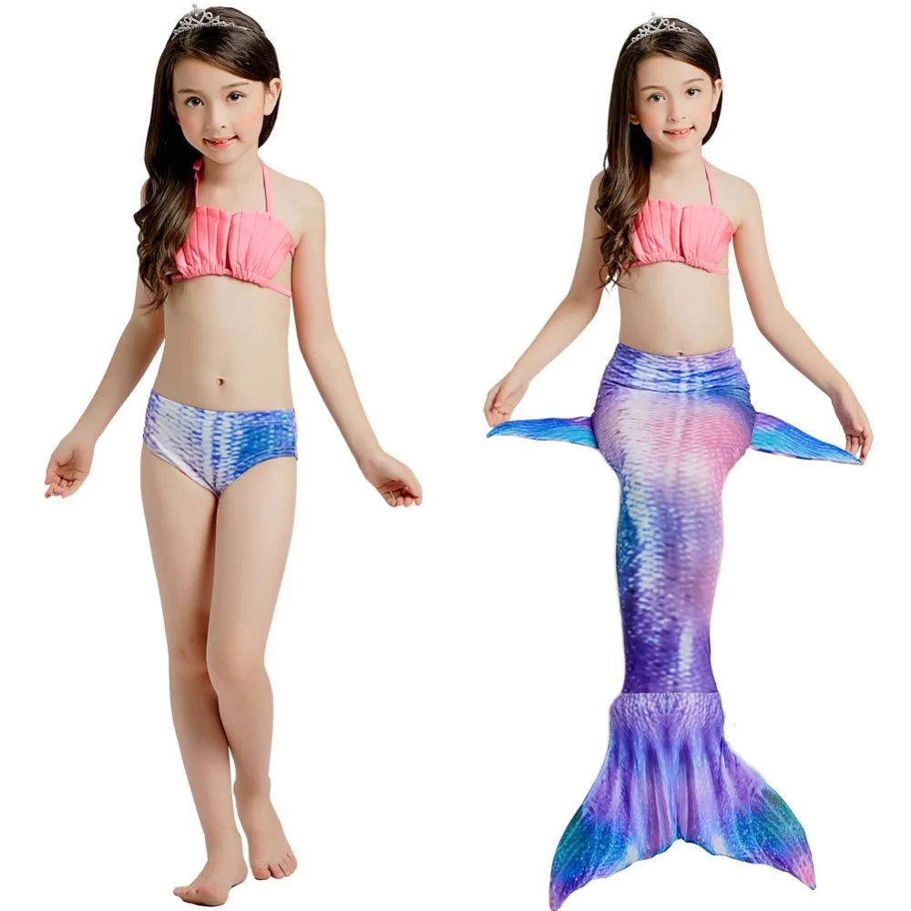

2018 new style Girls Kids Mermaid Tail without Monofin Cosplay Costume Dress Swimmable Bikini Set Bathing Suit Top+Short+tail