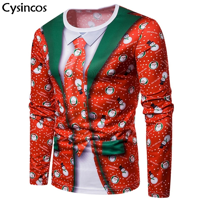 

Cysincos 2019 New Men's Christmas 3D Print Funny Tops O-neck Long Sleeve Slim Sweatershirt Male Fashion Christmas Party Tee