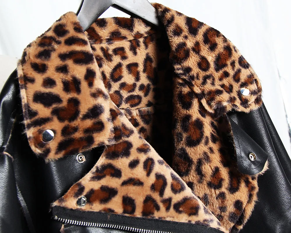 Manteau Vestes Noir En Casual Pu Épaississent Chaude Fashion Fourrure De D'hiver Femmes Moto Mouton Peau Zipper Leopard Cuir Faux Outwear Intégré UfznwRqt