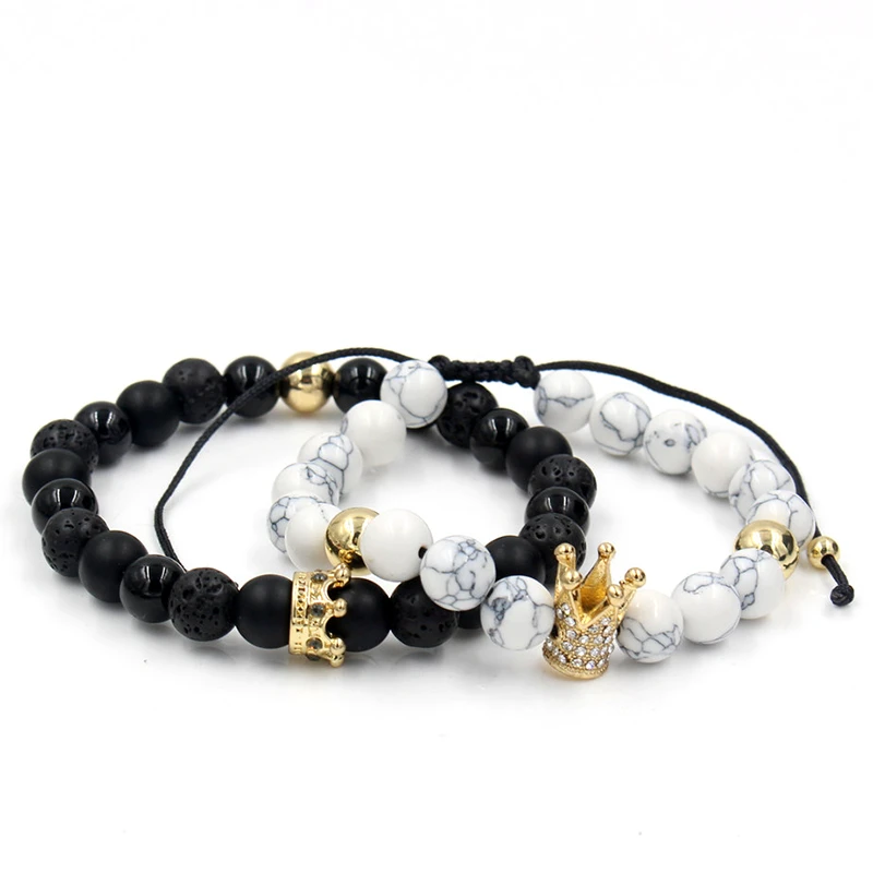 CZ Crown Charms Stone Beads Men Couple Bracelets Jewelry For Women 2Pcs/Set Bangles Sets Masculina Bileklik Pulseira Feminina bracelet jewelry
