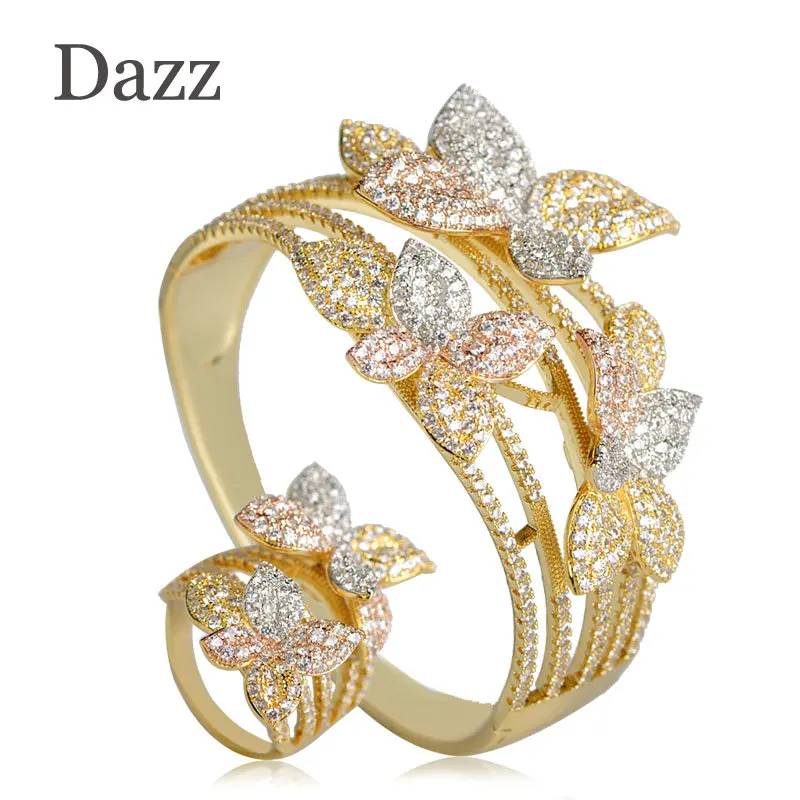 

Dazz New Arrival Lily Flower Shape Wide Bangle Ring Jewelry Sets Full Rhinestones Three Tones Color Big Bangles For Women Party