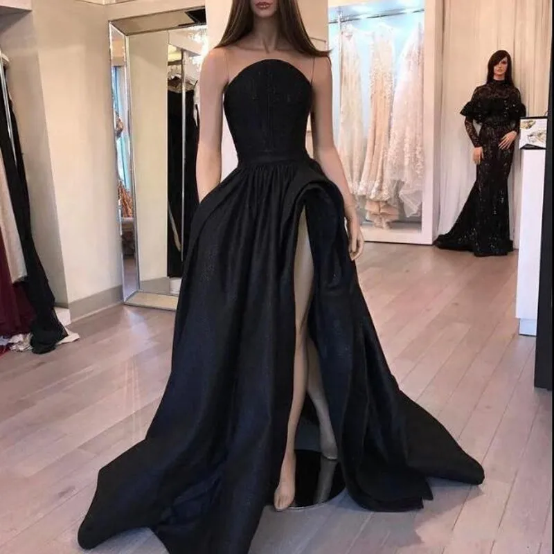 Vestido de festa простое строгое платье халат de soiree с открытыми плечами, вечернее платье трапециевидной формы на заказ черный сексуальный разрез платье для выпускного вечера