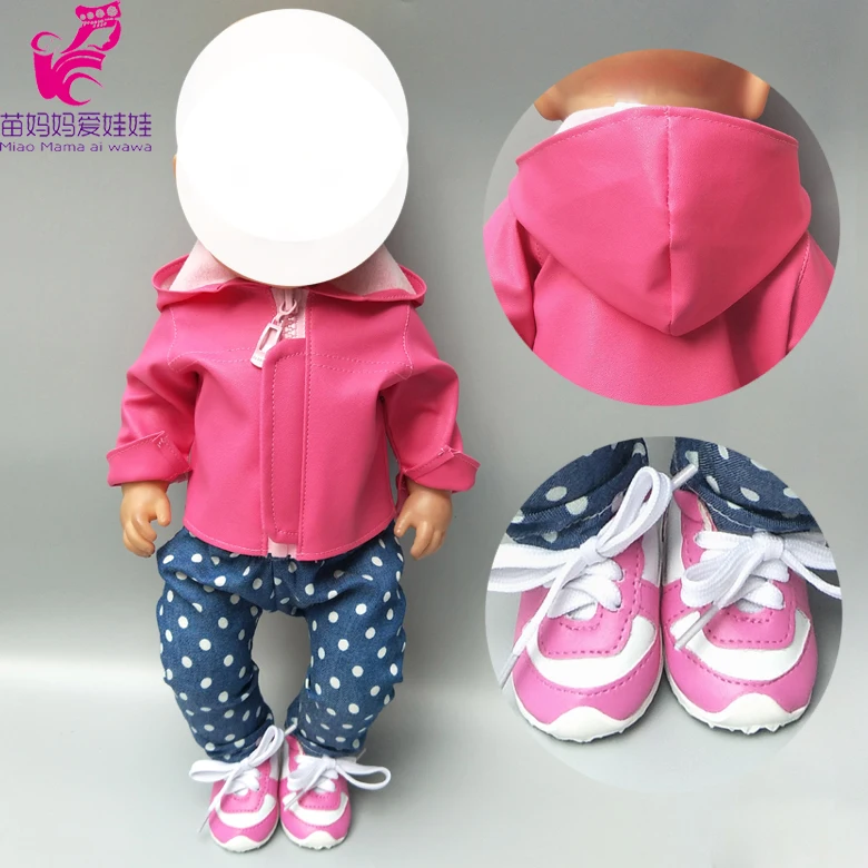 doll clothes for 43cm Baby doll jacket PU leather coat hooded set for