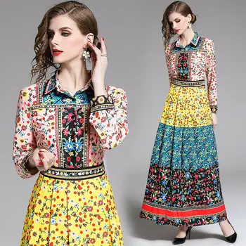 

womens woman ladies Designer Vintage Floral shirt neck runway Slim party beach long maxi Swing office work wear dress for women