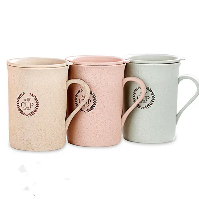 Healthy Wheat Straw Plastic Mug Milk Cup With Lid Biodegradable Cup For
