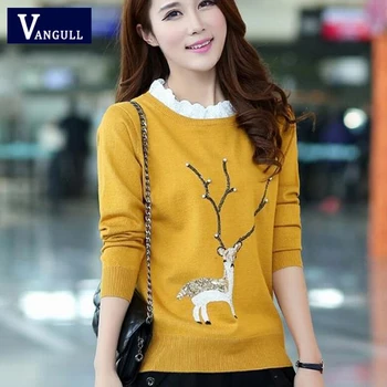 

Vangull Autumn Knitted Women Pullovers Animal Deer Print Beading Sweater 2019 Winter Ruffled Collar Long Sleeve Female Pullovers