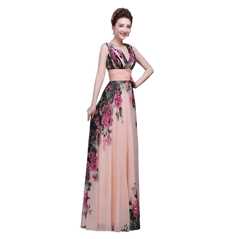 Floral Printed V-Neck Sleeveless Chiffon A-Line Formal Evening Dress Long 2016 Floor-Length Evening Party Prom Dress Pregnant Floral Printed V-Neck Sleeveless Chiffon A-Line Formal Evening Dress Long 2016 Floor-Length Evening Party Prom Dress Pregnant