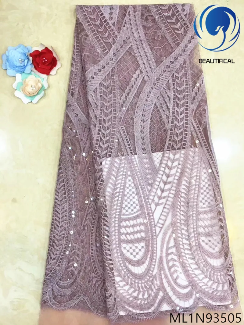

Beautifical african lace fabrics Latest fashion nigerian lace with sequins embroidery net lace fabric for women dress ML1N935