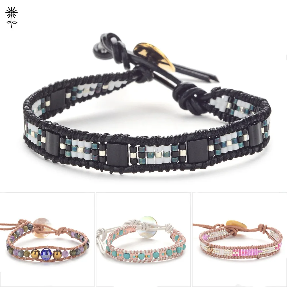 Handmade Natural Stone Bead Wrap Bracelet Leather Wrap Seed Bead