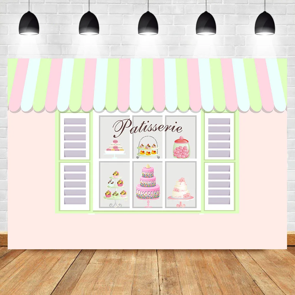 

French Macaron Parisian Party Backdrop Patisserie Shop Photo Background Fench Cupcake Store Background Dessert Table Decorations