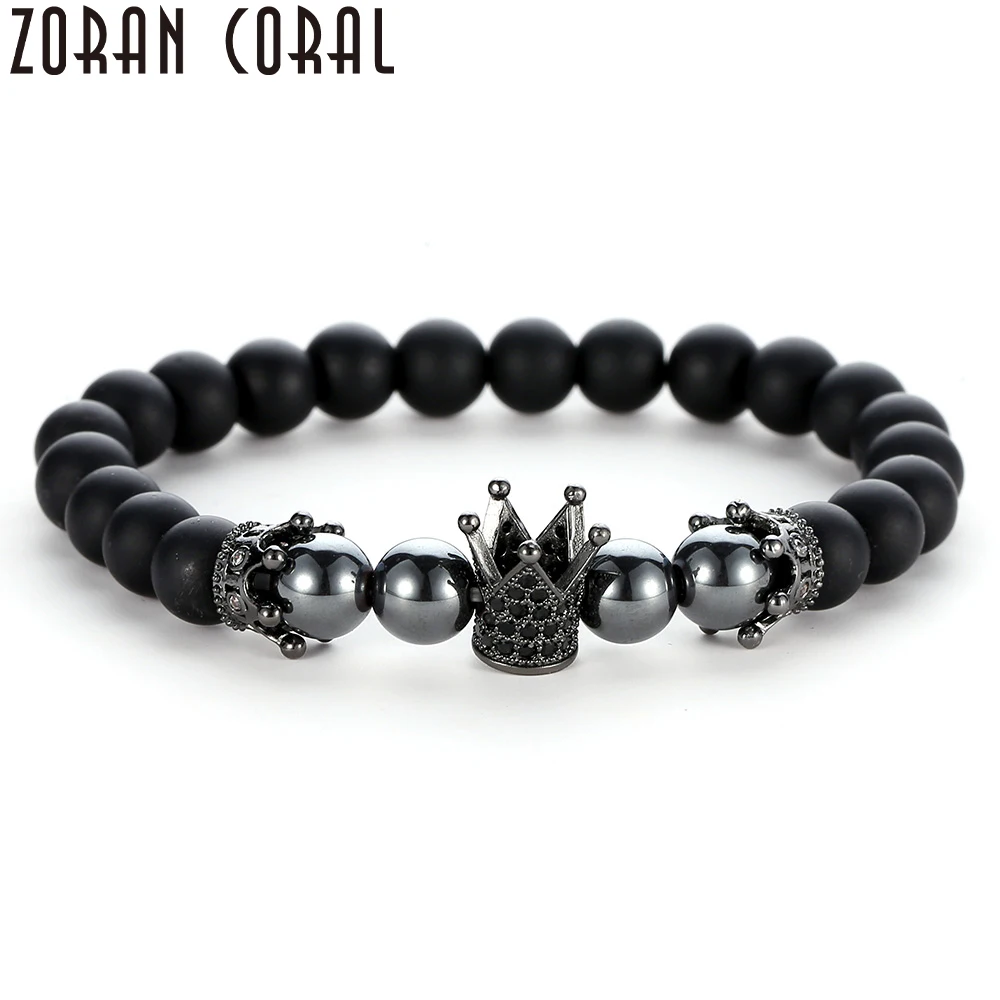 

2018 Hot Brand fashion men's bracelet black beads micro pave CZ crown charm matte stretch men's bracelet gift pulseira masculina