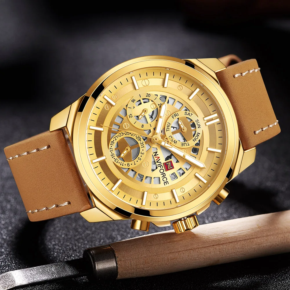 NAVIFORCE Для мужчин модные спортивные повседневные 24 часовой формат Для мужчин s часы лучший бренд класса люкс Водонепроницаемый золотые наручные часы Relogio Masculino