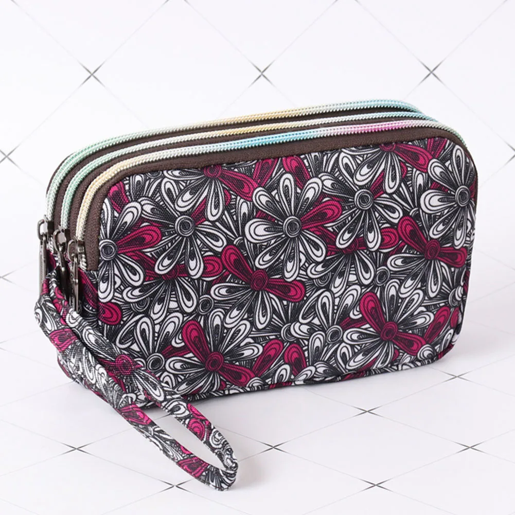 

Women Casual Floral Daily Phone Bag Long Section Three-layer Zipper Fashion Key Coin Canvas Pouch Large Capacity Clutch Handbag