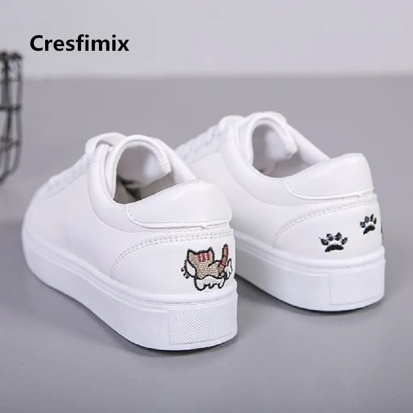 

Cresfimix woman casual high quality pu leather street flat shoes lady cute sweet cat printed sheos student school shoes c2855