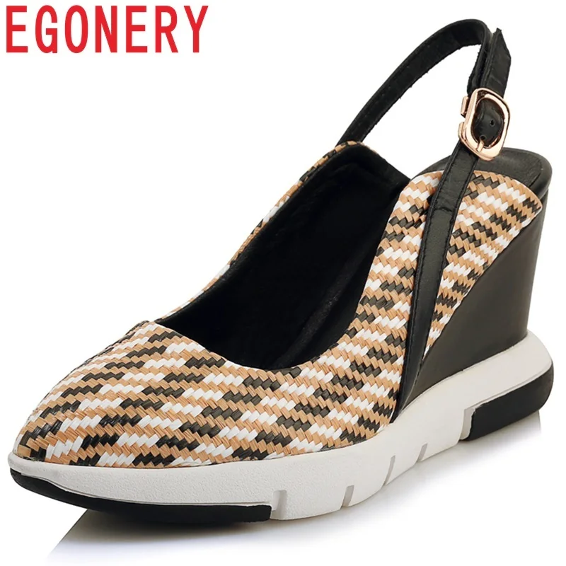 

EGONERY Brand Gingham Women's Sandals spring summer 8.5 cm high heels shoes Retro punk girl Buckle Fashion Strap Wedges shoes