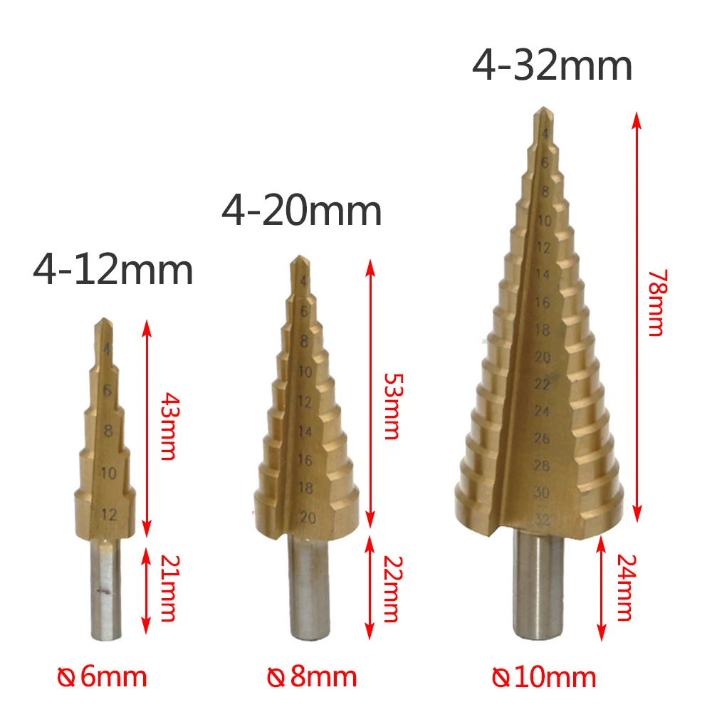 4-12-20-32мм титановое ступенчатое сверло HSS шаг конусное отверстие резак инструменты металлический сверлильный набор бит для деревообработки столярного дерева