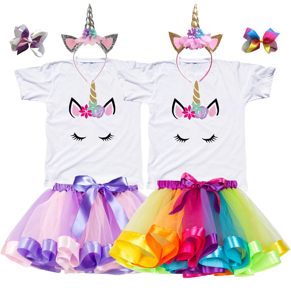Unicorn Girl Clothing Sets Rainbow Princess Tutu Dress And Cotton T-Shirt Girls Party Suits Toddler Baby Kids Birthday Present