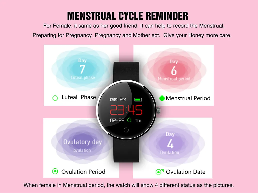 DM78 Bluetooth Smart пульсометр крови Давление менструального цикла напоминание Спорт Смарт часы HD Цвет Экран браслет