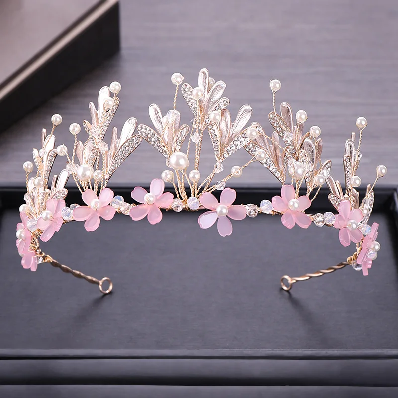 

Bride Crown 2019 New Crystal Pearl Bridal Tiara Hairband Romantic Pink Flower Wedding Hair Accessories Princess Crowns Headband