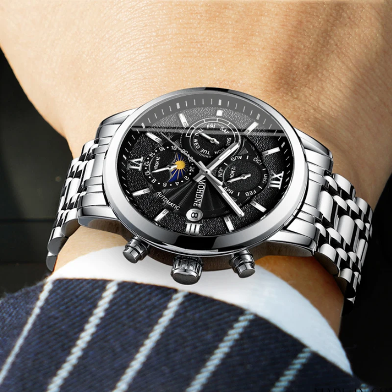 

NEW Men Automatic Mechanical Fashion Top Brand Sport Watches Multifunction Moon Phase Stainless Steel Watch Relogio Masculino